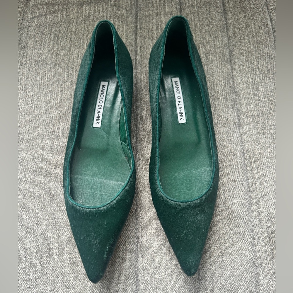 MANOLO BLAHNIK BRAND NEW GREEN PONY HAIR POINTY BALLET FLAT WORK SHOE 37